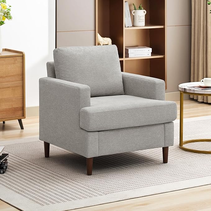 Mid-Century Accent Chair,Modern Linen Fabric Armchair for Living Room,Comfy Upholstered Reading Accent Chairs for Bedroom,Single Sofa Chair with Wood Legs (Light Grey, 1 Pack)