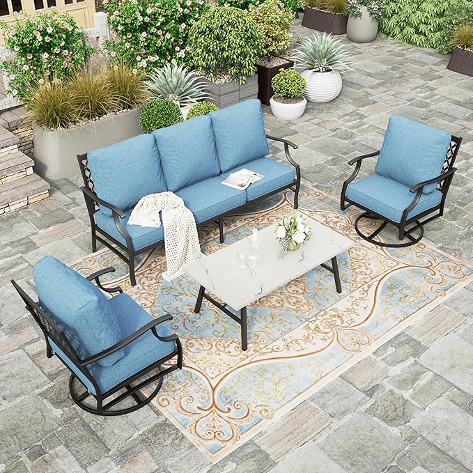 HERA'S HOUSE 4 Piece Patio Furniture Set, 2 x Swivel Cushioned Chair, 3-Seat Sofa with Marbling Coffee Table, All Weather Outdoor Conversation Set for Lawn Garden Backyard, Navy Blue