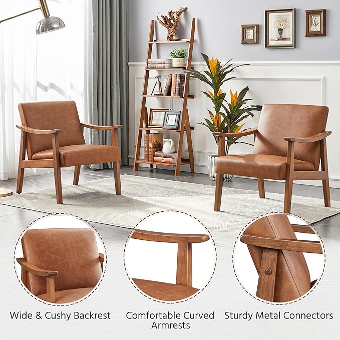 Yaheetech PU Leather Accent Chair, Mid-Century Modern Armchair with Solid Wood Legs, Reading Leisure Chair for Living Room Bedroom Waiting Room, Light Brown, Set of 2