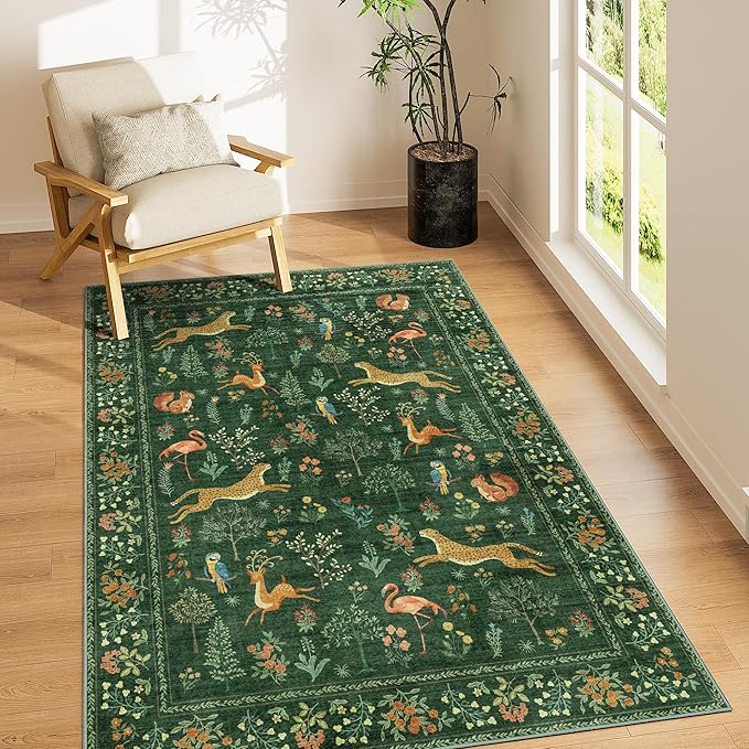DUKINO 3x5 Rug, Washable Animal Area Rug with Non Slip Vintage Design, Indoor Soft Low Pile Carpet for Bedroom, Nursery, Dining Room, Farmhouse, Playroom, Green