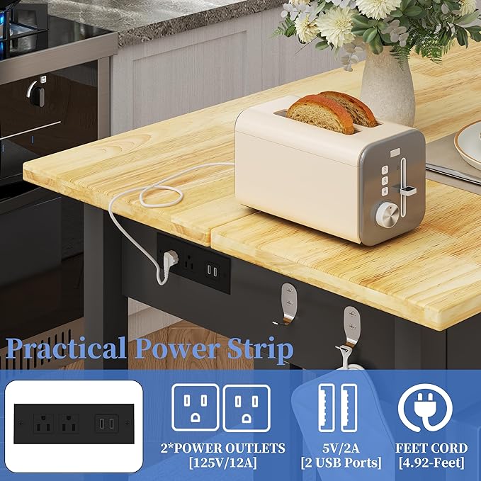 47.3" Solid Rubberwood Kitchen Island with Power Outlets - Extra Large Work Surface, 2 Drawers & Open Shelves Storage Cabinet for Kitchen Dining Room, Farmhouse Style (Black)