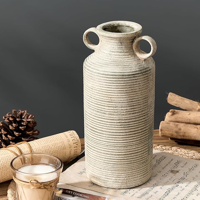 Ceramic Rustic Vase with 2 Round Handles, Antique Farmhouse Flower Vase, Vintage Terracotta Vases for Home Decor, Wedding, Living Room, Table, Shelf Decor - 10.2 Inch Tall, Terra