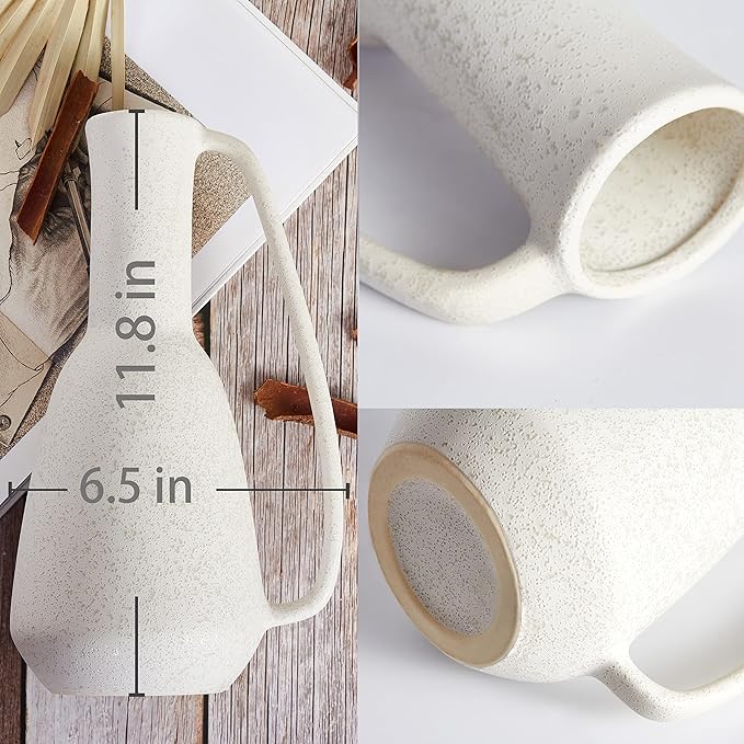 BlossoME Ceramic White Vase 12 inch Tall with Handle Matte Glazed Pottery Vessel Rustic Stoneware Table Decor Neutral Clay Jug Centerpiece Slender Shelf Book Pitcher Decor Flower Vessel