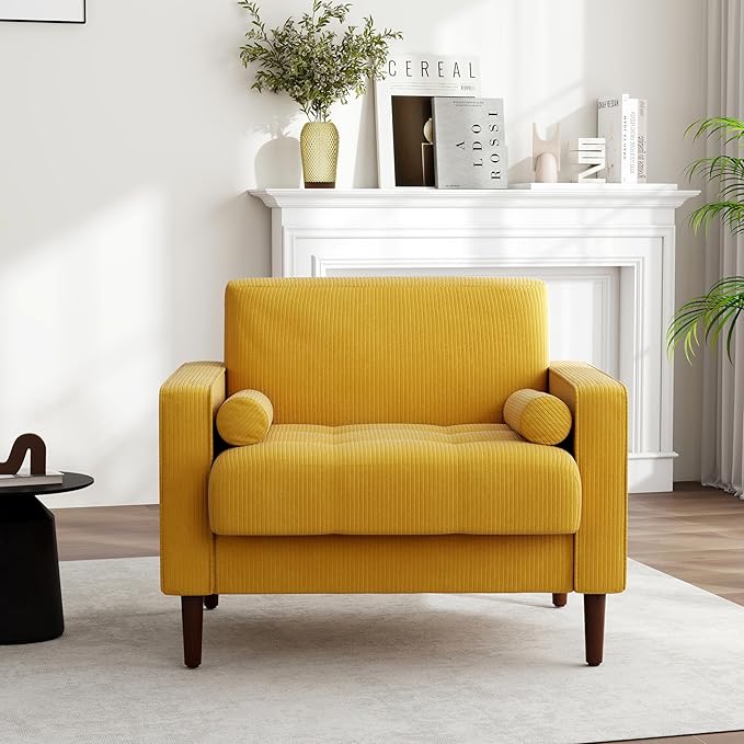 UIXE Corduroy Accent Chairs Set of 2, Modern Upholstered Living Room Arm Chair Comfy Bedroom Reading Armchair with Bolster Pillows, Mid-Century Track Armrest Tufted Single Sofa Seat (Yellow)
