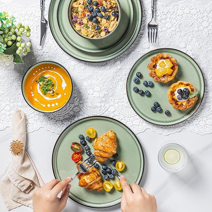 AmorArc Stoneware Dinnerware Sets,Round Reactive Glaze Plates and Bowls Set,Highly Chip and Crack Resistant | Dishwasher & Microwave Safe Dishes Set,Service for 4 (12pc)