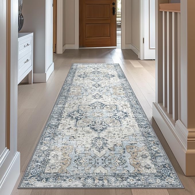 GENIMO Runner Rug 2x12, Non Slip Vintage Hallway Runner Rugs, Low Pile Lightweight Machine Washable Mat for Hallway, Entryway, Bedroom, Kitchen and Corridor, Blue
