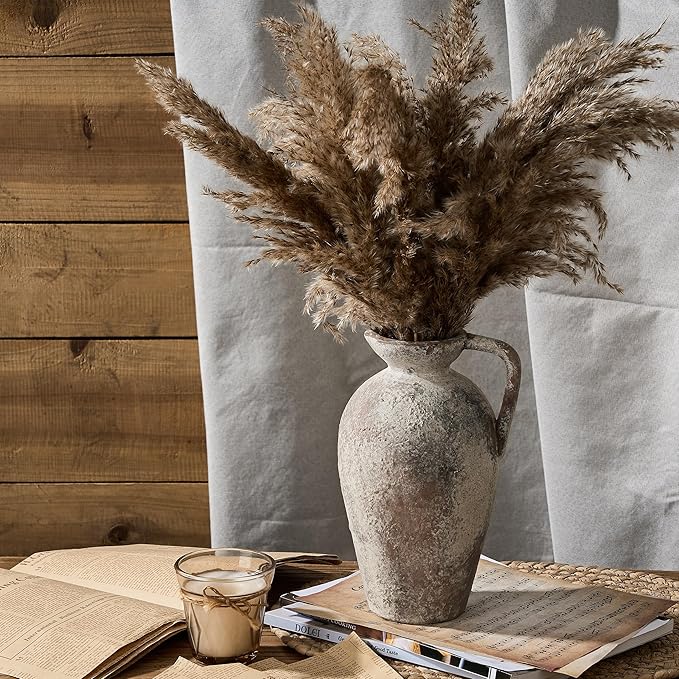 9.3 Inch Antique Ceramic Vase, Terracotta Vase with Handle, Tuscan Decor Farmhouse Decorative Vase, Rustic Vase for Home Decor, Living Room, Entryway, Wedding - Distressed Design, Gray