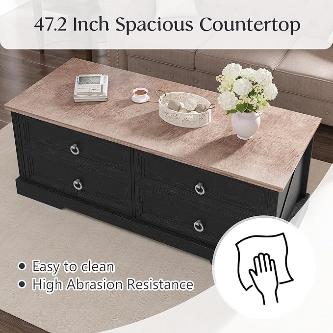 Coffee Table with Storage, 47.2 in Rustic Wooden Center Table with 4 Drawers for Living Room, Easy Assembly Rectangle Home Office Farmhouse Tea Accent Table for Apartment, Oak Black