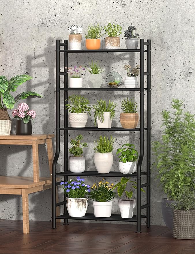 Plant Stand Indoor Outdoor, 5-Tier Metal Tall Plant Stands for Multiple Flower Planter Holder, Large Waterproof Plant Shelf for Living Room Garden Balcony, Black