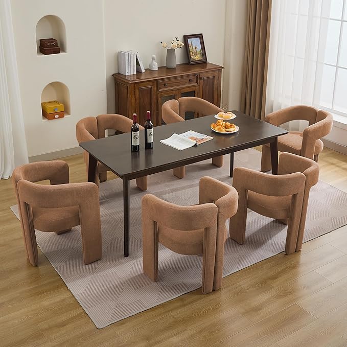 Modern Barrel Dining Chairs Set of 2, Upholstered Linen Dining Room Chair with Wooden Legs, Accent Chairs for Kitchen/Dining Room/Living Room, Brown