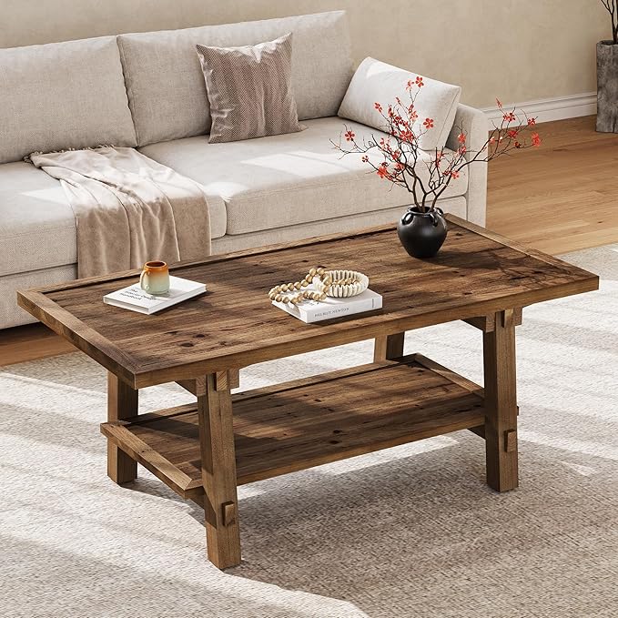 Solid Wood Coffee Table, 47-Inch Farmhouse Rectangle Coffee Table for Living Room, 2-Tier Rustic Wooden Center Furniture with Storage, Vintage Brown