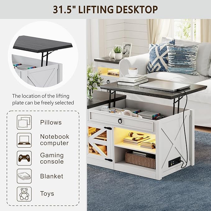 Lvifur 48" Farmhouse Lift Top Coffee Table with LED Lights & Charging Station, Living Room Center Table with 2 Hidden Storage Compartments, Lifting Tabletop and Adjustable Shelf (White)