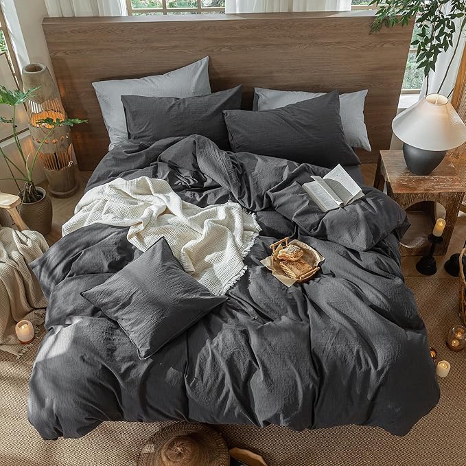MooMee Wavy Striped Duvet Cover Set 100% Washed Cotton Linen Like Textured Breathable Durable Soft Comfy (Charocal Grey, Twin 68"x90")