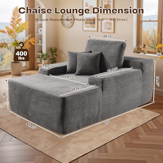 Chaise Lounge Chair Indoor, Oversized Sleeping Couch 67" L * 48.5" W Assembly Free Modern Minimalist Sofa, Extra Deep Large Single Seat Sofa for Living Room (Grey Corduroy Fabric)