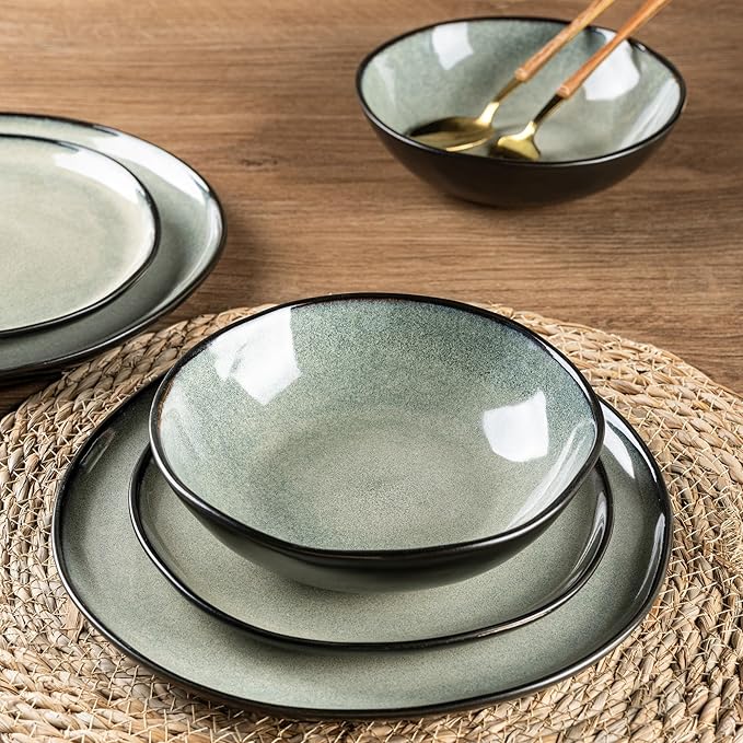 AmorArc Ceramic Dinnerware Sets,Handmade Reactive Glaze Stoneware Plates and Bowls Set,Highly Chip and Crack Resistant | Dishwasher & Microwave Safe Dishes Set,Service for 4 (12pc)