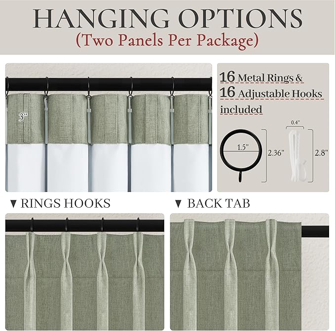 Sage Green Blackout Linen Curtains 96 Inches Long for Living Room Bedroom, Pinch Pleated Boho Light Drapes Viral Window Curtain with Pinch Pleat Clips Thermal Insulated (40"Wx96"Lx2Panels Sage)