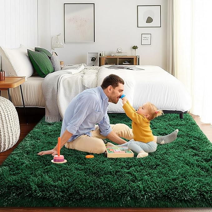 4x6 Area Rug for Bedroom, Green Rugs for Living Room Nursery Kids Room Dorm Home Decor Aesthetic, Fluffy Shaggy Rug with 4 Anti-Slip Carpet Tapes, Dark Green