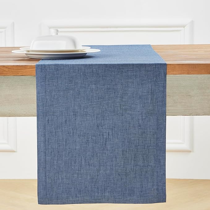 Solino Home Linen Table Runner 72 Inches Long - Athena, 100% Pure Linen Blue Denim Dining Table Runner 14 x 72 Inch