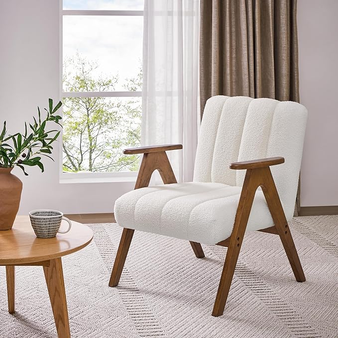 Yaheetech Boucle Fabric Mid Century Accent Chair, Modern Upholstered Living Room Chairs with Solid Wood Legs, Reading Armchair for Small Spaces Bedroom, White