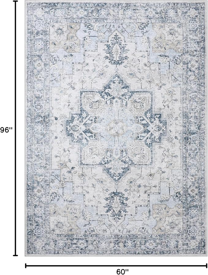 GENIMO 5x8 Area Rugs for Living Room, Machine Washable Low Pile Rugs, Chenille Non Alip Vintage Rug for Bedroom, Dining Room, Home Office, Blue