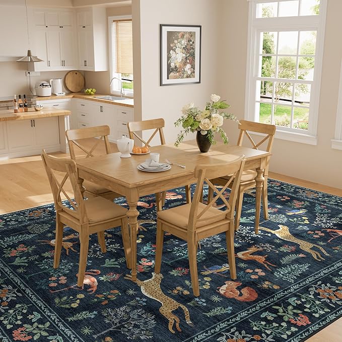 DUKINO 5x7 Rug, Washable Animal Living Room Rug with Non Slip Vintage Design, Soft Low Pile Large Carpet for Bedroom, Nursery, Dining Room, Farmhouse, Playroom, Navy Blue