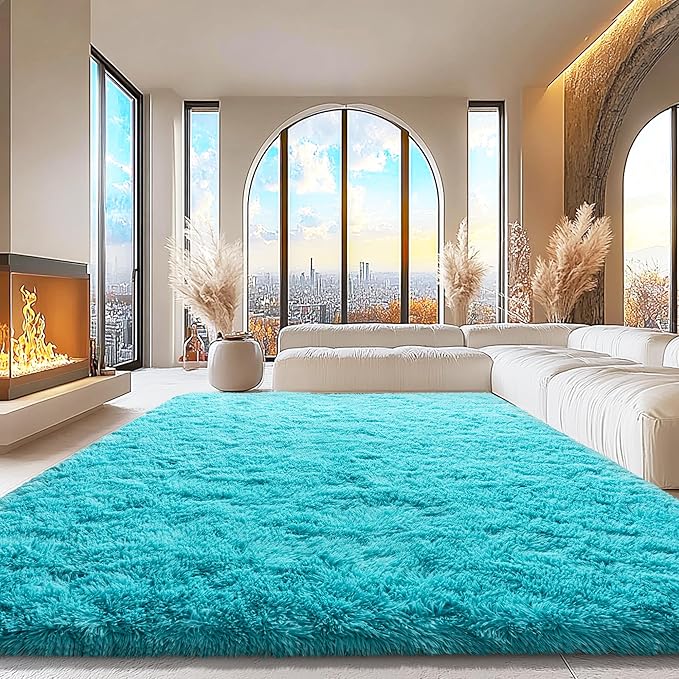 9x12 Area Rugs for Living Room, Fluffy Shaggy Rug Soft Carpets, Big Rugs for Bedroom Nursery Kids Room Dorm Home Decor Aesthetic, Teal Blue