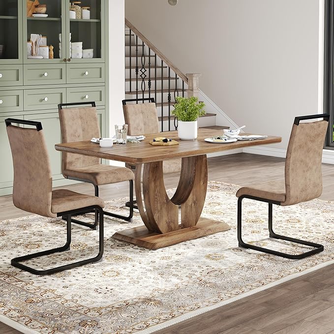 Wooden Dining Table Set for 4, 63" Modern Rectangular Wood Grain Table with Faux Leather Cantilever Dining Chairs, Upholstered High Back Kitchen & Dining Room Furniture