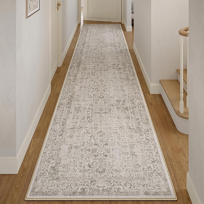 Gray Runner Rug 3x14 Hallway Machine Washable Kitchen Vintage Distressed Non Slip Long Carpet Indoor Grey Retro Floral Bedroom Accent Throw Rug for Bathroom Office Laundry Dining Living Room