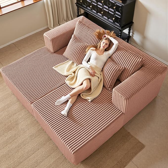 82" Oversized Chaise Lounge Chair, Corduroy Upholstered Sleeper Sofa with 4 Throw Pillows and Wide Armrest for Living Room, No Assembly Required Loveseat Couch, Pink