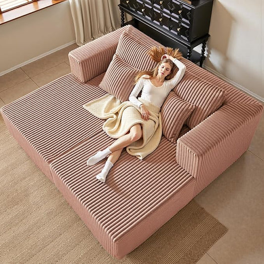 82" Oversized Chaise Lounge Chair, Corduroy Upholstered Sleeper Sofa with 4 Throw Pillows and Wide Armrest for Living Room, No Assembly Required Loveseat Couch, Pink