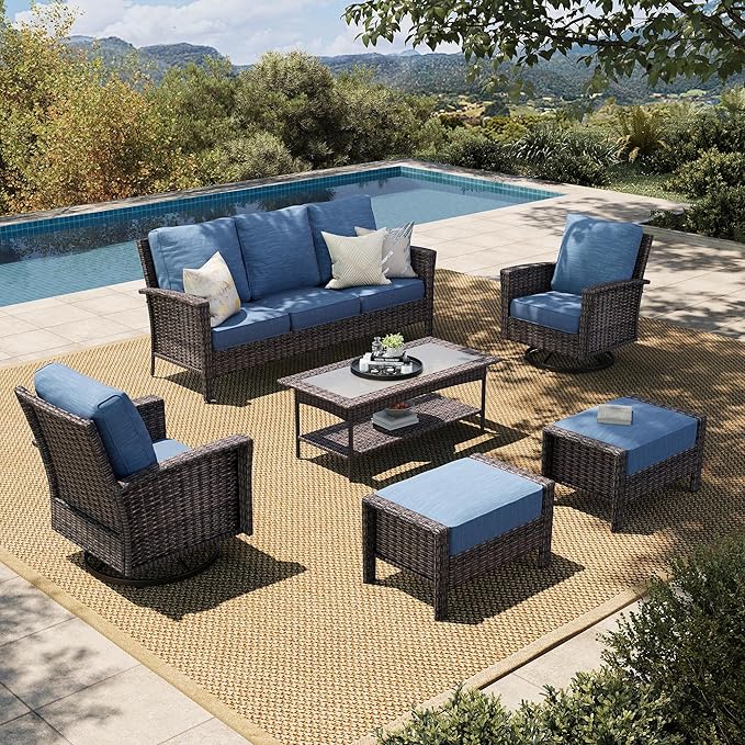 HERA'S HOUSE High Back Patio Furniture Set with Swivel Chairs, All Weather Outdoor Wicker Sofa Set, 6 Pieces Patio Conversation Sets with 5.5" Comfy Cushions for Lawn Deck Backyard, Navy Blue