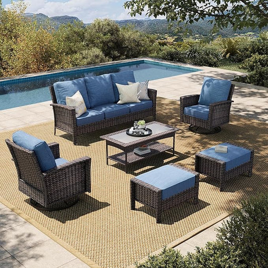 HERA'S HOUSE High Back Patio Furniture Set with Swivel Chairs, All Weather Outdoor Wicker Sofa Set, 6 Pieces Patio Conversation Sets with 5.5" Comfy Cushions for Lawn Deck Backyard, Navy Blue