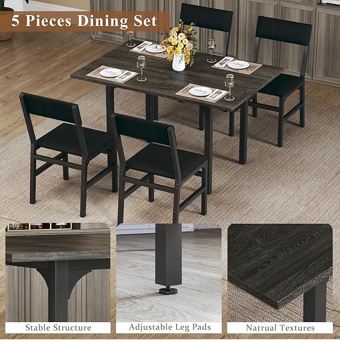 Dining Table Set for 4, Extendable Kitchen Table Cushion Chairs Set of 4, Rectangle Dining Table with Metal Frame & MDF Board, Folding for Small Apartment Saving Space, Grey Oak