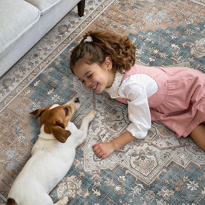 GENIMO 2x12 Runner Rugs for Hallway, Machine Washable Non Slip Vintage Rugs, Low Pile Lightweight Soft Print Rug for enrtyway, Corridor, Home Office, Kitchen, Blue Brown