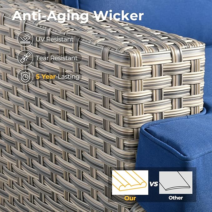 HOOOWOOO Outdoor Sectional Patio Furniture Set with Fire Pit Table,10 Pieces Wicker Conversation Sets L Shaped Couch,Extra Deep Out Door Sofa Outside Furniture with Swivel Chairs,Navy Blue