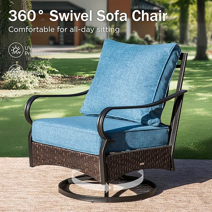 PHI VILLA Outdoor Modern Patio Furniture Set, Upgraded Wicker&Metal Patio Furniture Conversation Set with Waterproof Thick Cushions for Porch, Poolside, Deck, and Yard (5 Pieces,Navy)