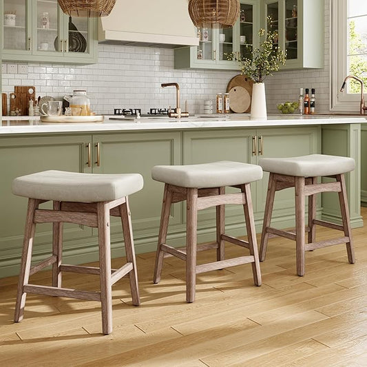 MAISON ARTS Bar Stools Set of 3 Counter Height for Kitchen Counter Solid Wood Legs with Fabric Saddle Seat Farmhouse Barstools for 34"-38" Counter Island Upholstered Stools, 24in, Creamy White