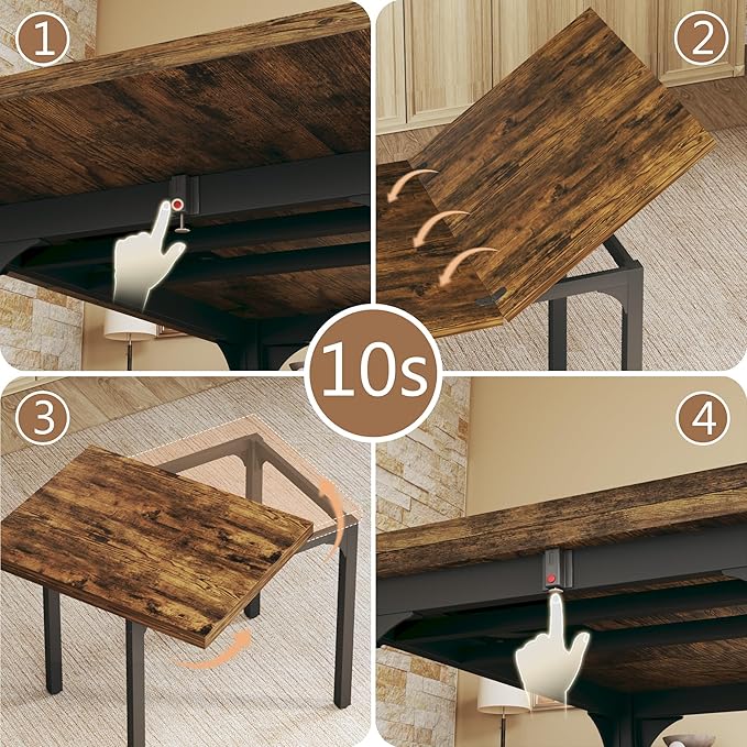 Dining Table Set for 4, Extendable Kitchen Table Cushion Chairs Set of 4, Rectangle Dining Table with Metal Frame & MDF Board, Folding for Small Apartment Saving Space, Rustic Brown