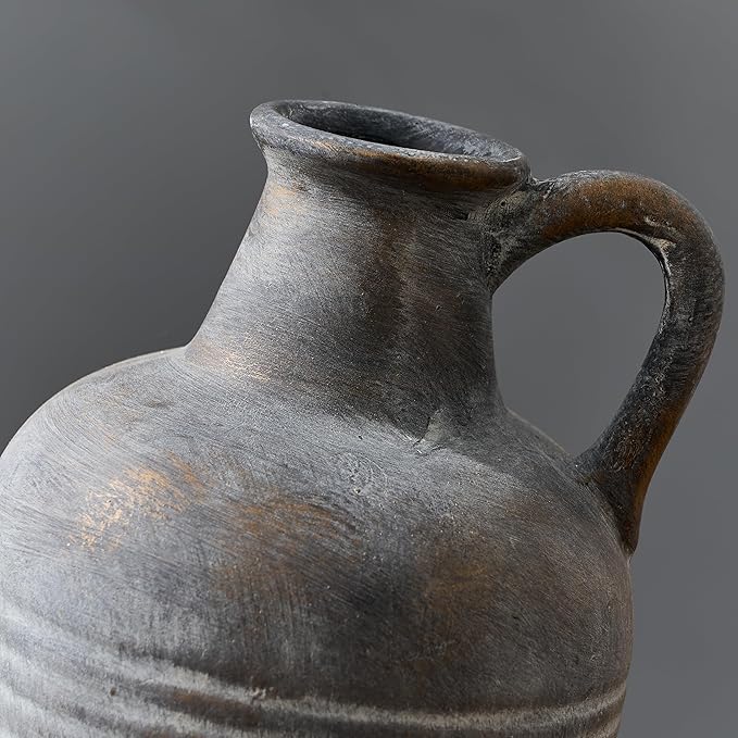 SIDUCAL Rustic Ceramic Farmhouse Flower Vase with 1 Handle-Height 8.43" Terracotta Vase, Unique Textured Pottery Flower Vases for Home Decor, Table, Wedding, Living Room, Shelf Decor, Bronze Black