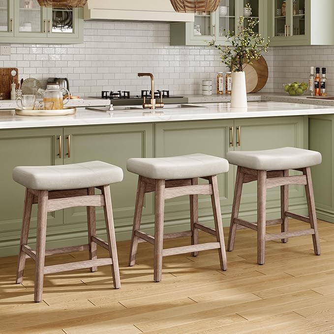 MAISON ARTS Counter Height Bar Stools Set of 2 for Kitchen Counter Solid Wood Legs with Fabric Saddle Seat Farmhouse Barstools for 34"-38" Counter Island Upholstered Stools, 24in, Creamy White