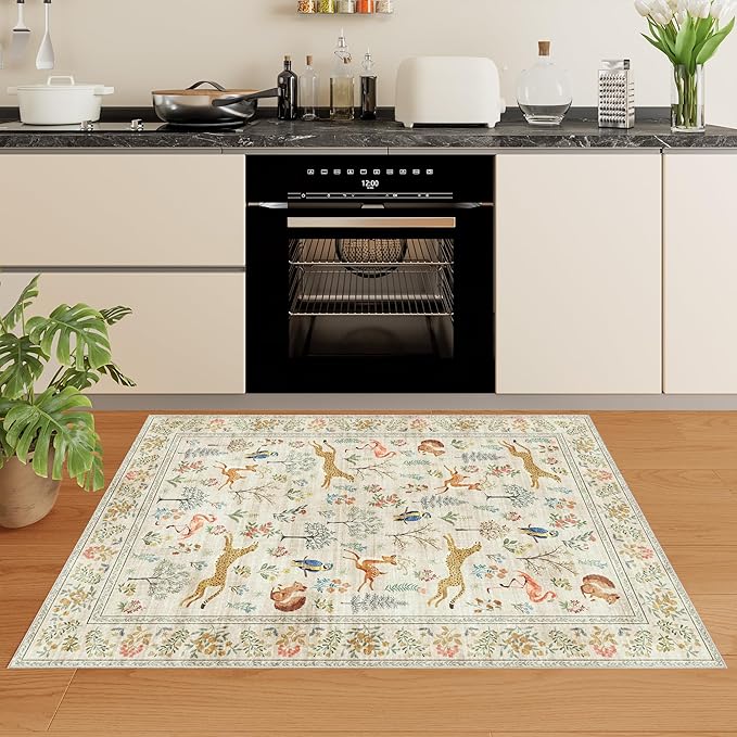 DUKINO 3x5 Rug, Washable Animal Area Rug with Non Slip Vintage Design, Indoor Soft Low Pile Carpet for Bedroom, Nursery, Dining Room, Farmhouse, Playroom, White