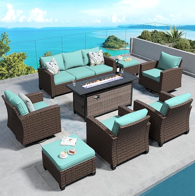 Swivel Glider Patio Furniture Set Outdoor Furniture Brown Wicker Rattan Patio Conversation Sets with Cushion Outside Sofa Set,7 Pieces with Rectangular Firepit Table,9 Seats,Blue