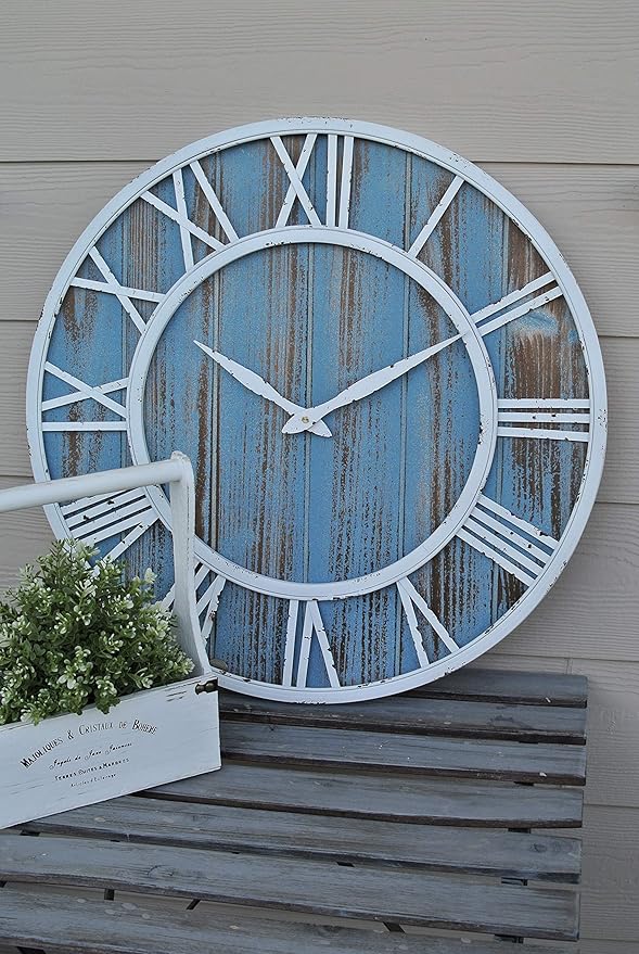 24" Coastal Wall Clock - Metal & Solid Wood Noiseless Weathered Beach Blue Wall Clock (Coastal Blue, 24-inch)