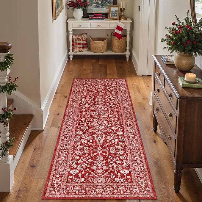 Christmas Runner Rug 2x6 Red Washable Hallway Carpet Retro Floral Holiday Decorative Non Slip Low Pile Soft Throw Long Xmas Rug for Kitchen Bedroom Bathroom