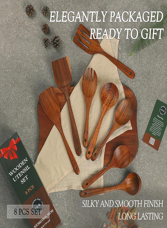 100% Natural Teak Wood Wooden Utensil Set – Non-Stick & Heat Resistant – 8 Pcs Durable Kitchen Spoons for Cooking, Eco-Friendly & Comfortable Grip