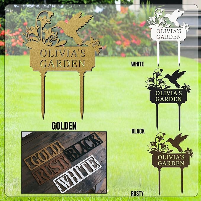 Personalized Metal Garden Sign, Custom Name Stake Decor, Hummingbird Yard Art, Outdoor Gardening Home Decor, Garden Stake Gifts for Plant Lovers