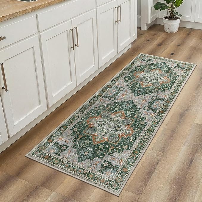 GENIMO 2x10 Runner Rugs for Hallway, Machine Washable Non Slip Vintage Rugs, Low Pile Lightweight Soft Print Rug for enrtyway, Corridor, Home Office, Kitchen,Pine Green