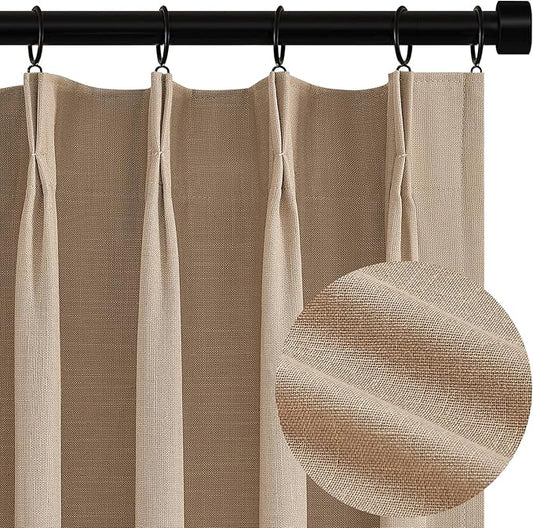 Topfinel Pinch Pleated Curtains 96 Inch Long, 100% Blackout Thermal Insulated Brown Natural Linen Pinch Pleat Viral Drapes with Hooks Rings 2 Panel Sets, Taupe Tan 8FT Back Tab Window Curtains
