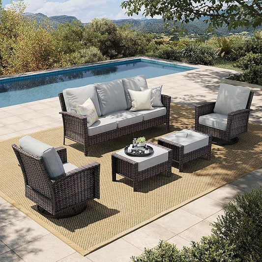 HERA'S HOUSE Patio Furniture Set with Swivel Chairs, High Back Wicker Couch with Ottomans, Outdoor Conversation Sofa Sets with 5.5" Waterproof Cushions for Garden Yard Porch, Grey