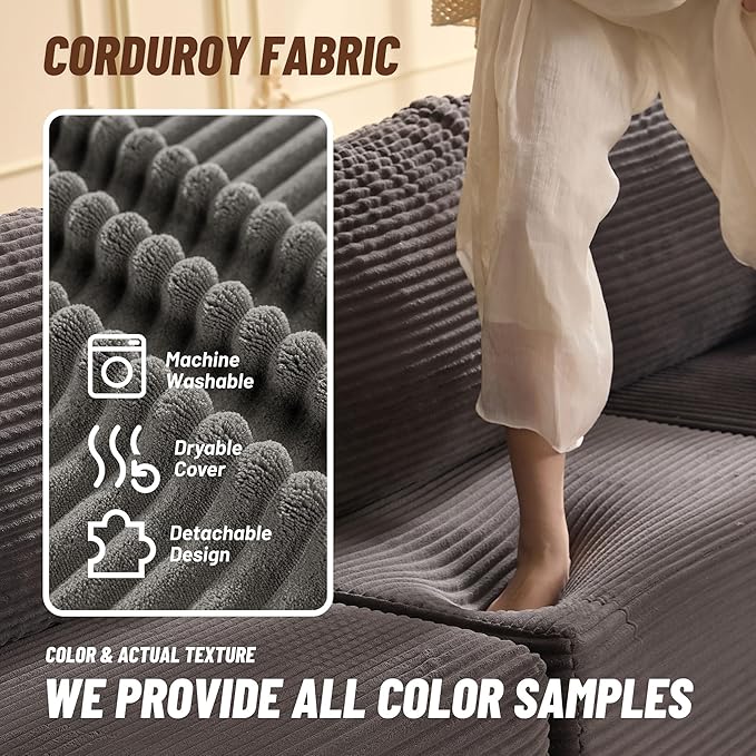 138" Boneless Couch with Deep Seat, Modular Sectional Sofa, Cloud Sectional Couch for Living Room, No Assembly Required, Corduroy, 4 Seater L-Shape Left, Grey